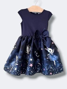 H&M Dress Girls 2T Navy Ballerina Stars Bow Party Tulle Skirt Zip Back Twirl